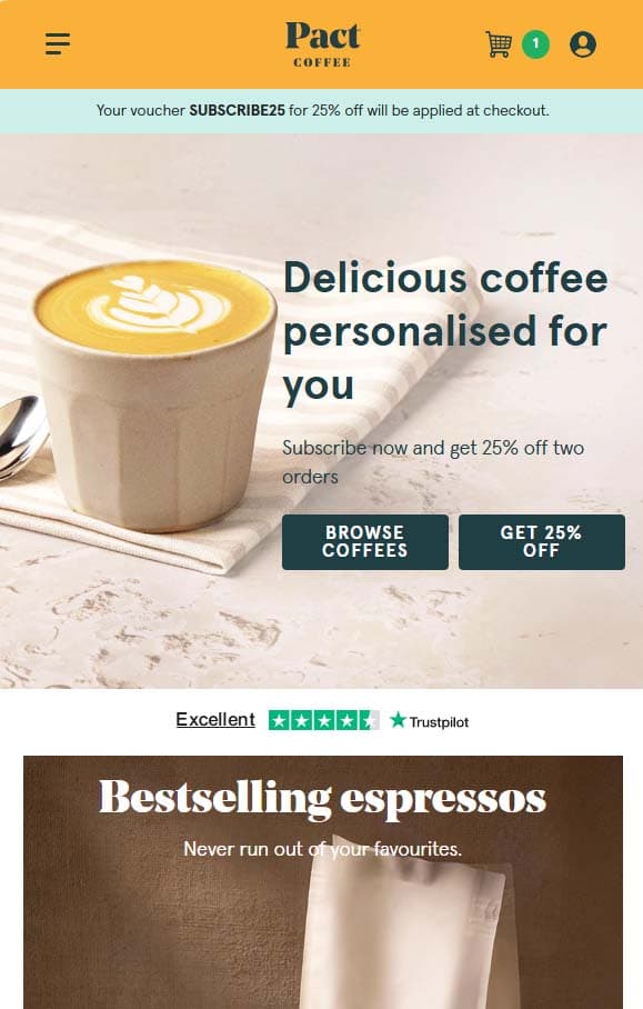 Pact Coffee subscription and delivery website, mobile view 2 of 3