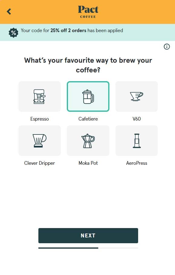 Pact Coffee subscription and delivery website, mobile view 1 of 3