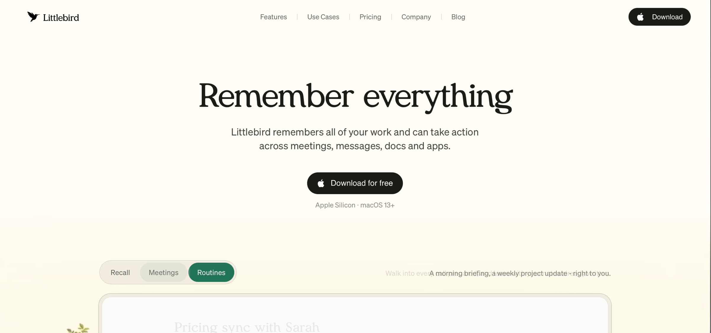 Littlebird AI website homepage introducing its context-aware assistant and platform-specific download journey