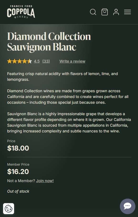 Francis Ford Coppola Winery website, mobile view 3 of 3
