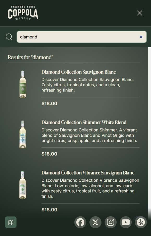 Francis Ford Coppola Winery website, mobile view 2 of 3