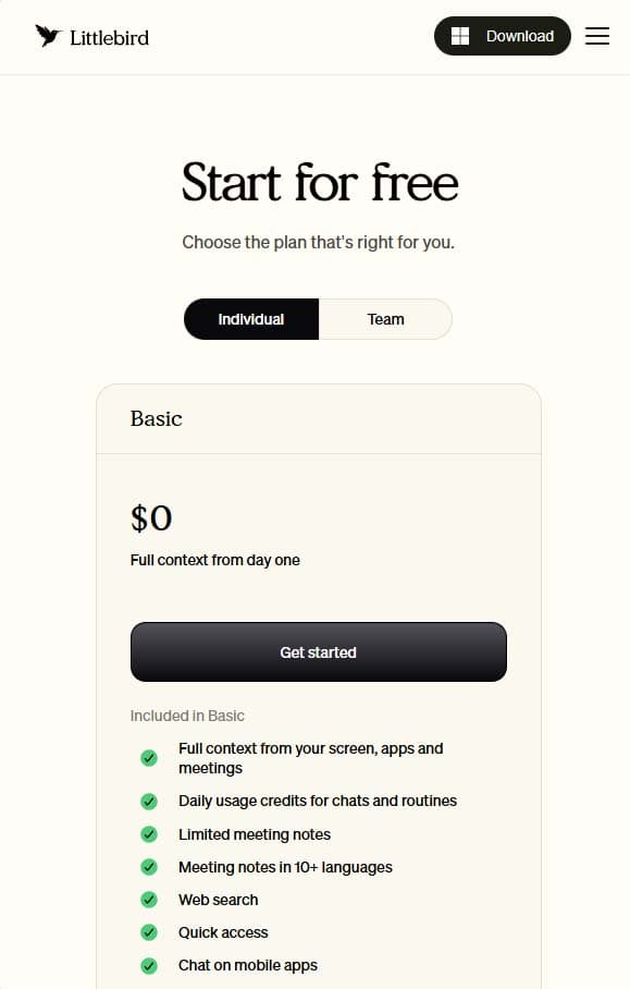 Littlebird AI product marketing website, mobile view 3 of 3
