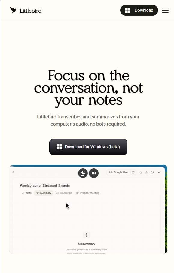 Littlebird AI product marketing website, mobile view 2 of 3