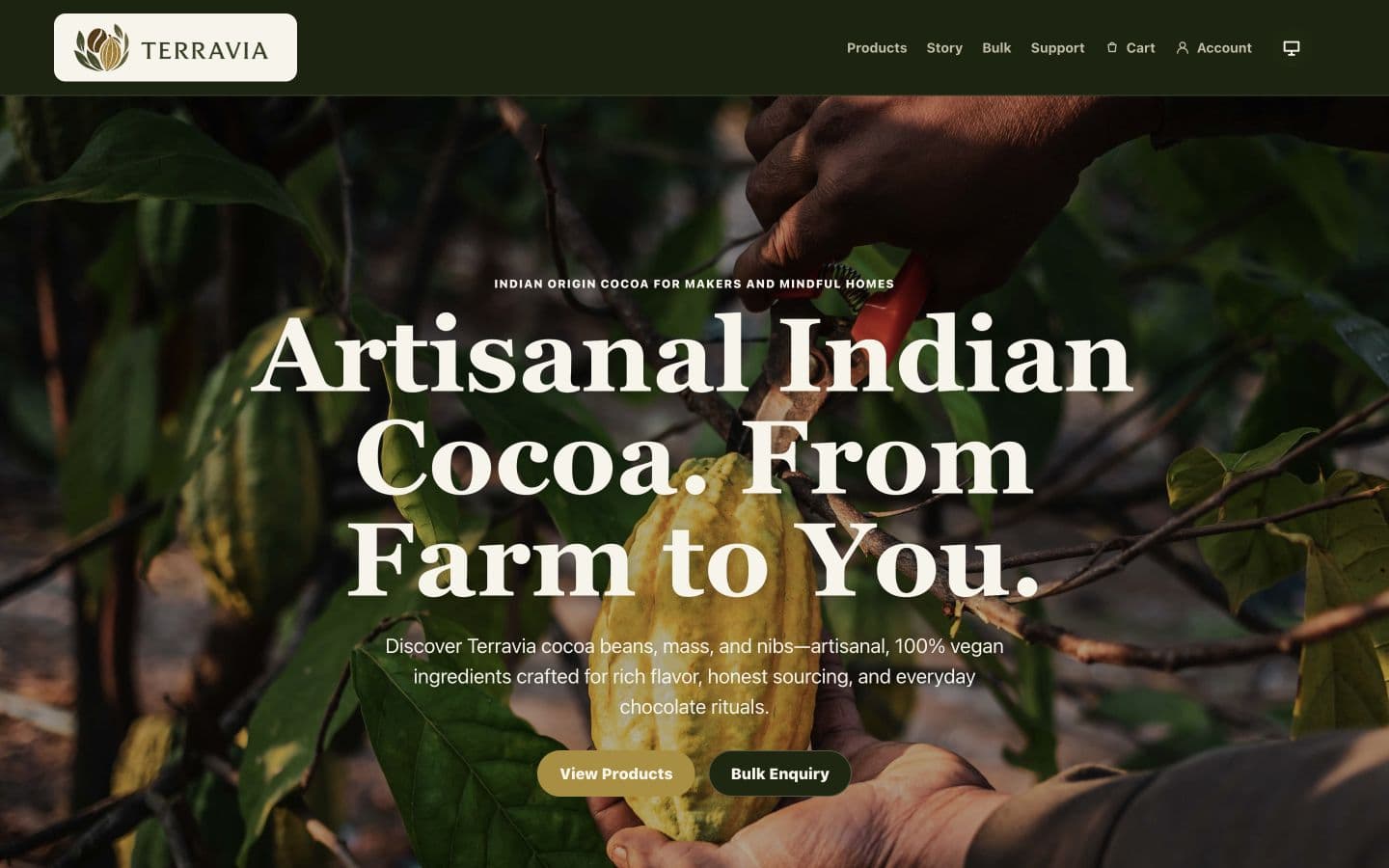 Terravia artisanal Indian cocoa homepage