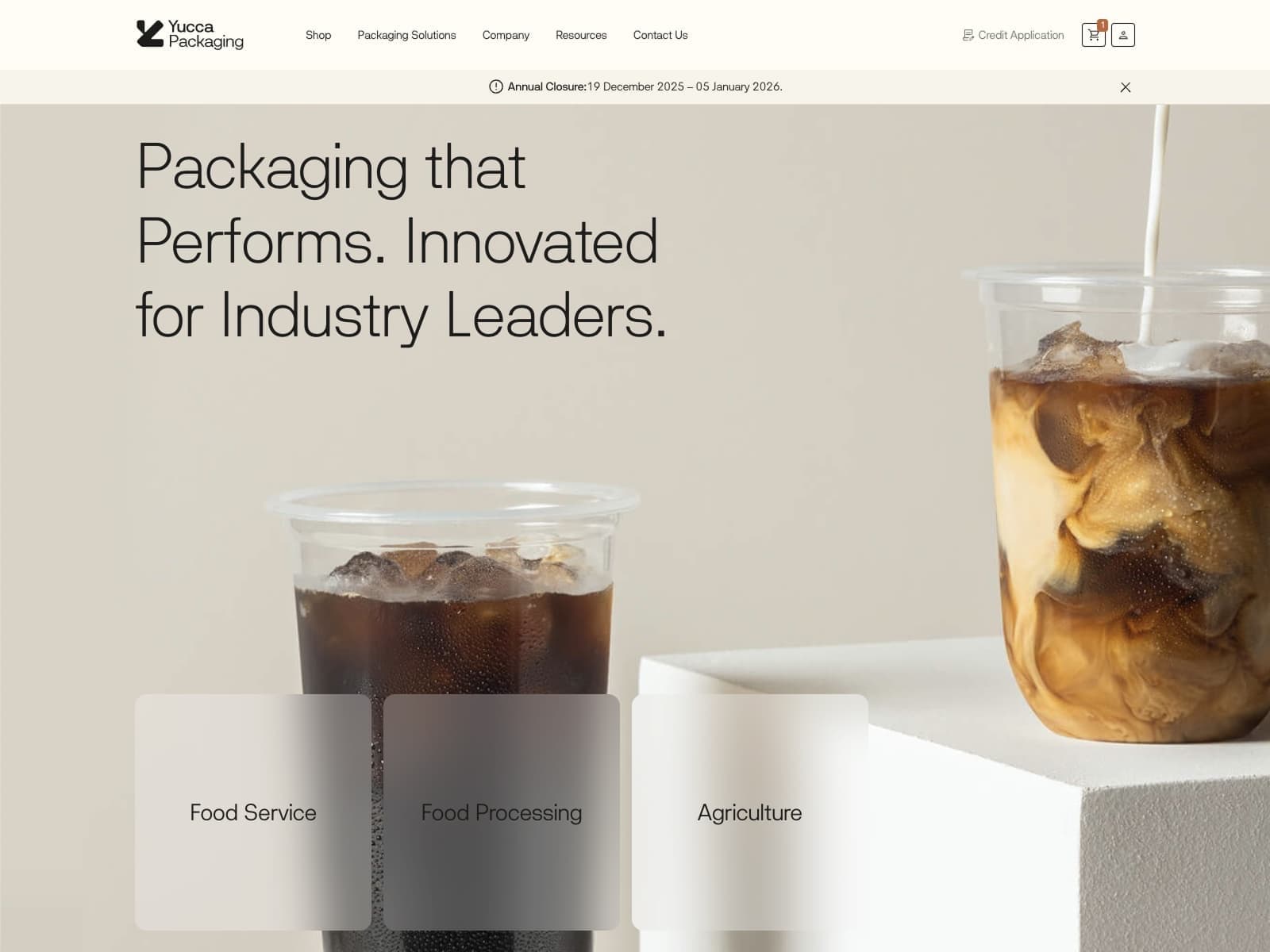 Yucca Packaging website homepage showing the food service, food processing and agriculture packaging journeys